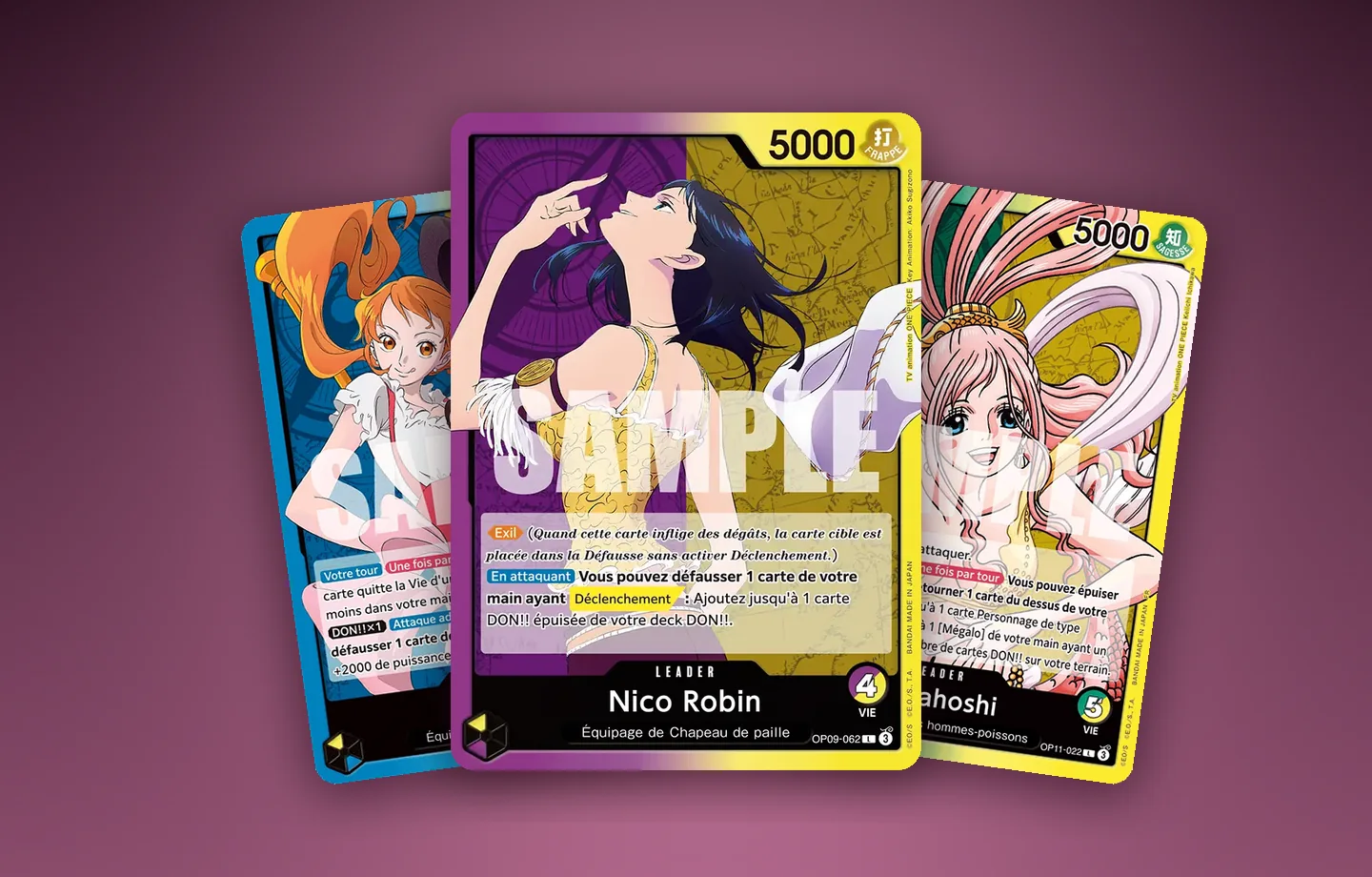 Cartes Leader de l'EB-05 Heroines Edition vol.2 : Nami OP11-041, Nico Robin OP09-062 et Shirahoshi OP11-022