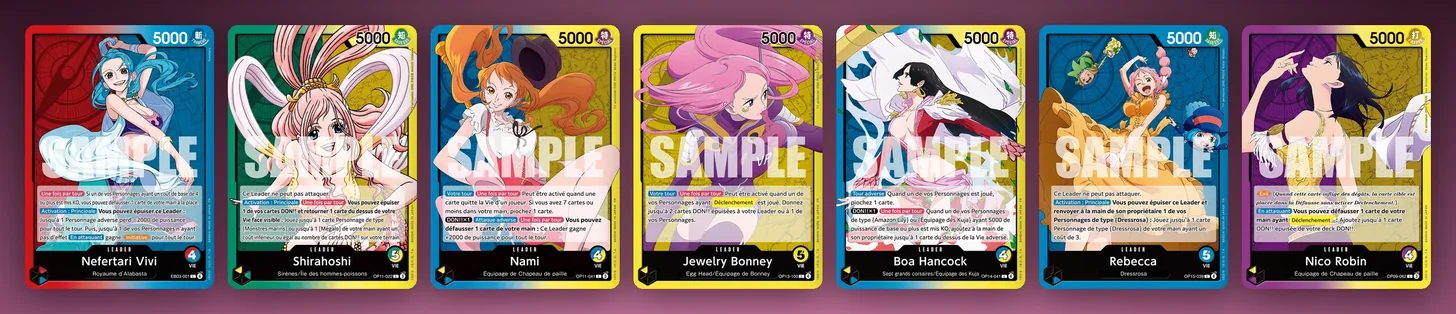 Les 7 Leaders concernés par l'EB-05 Heroines vol.2 : Nefertari Vivi EB03-001, Shirahoshi OP11-022, Nami OP11-041, Jewelry Bonney OP13-100, Boa Hancock OP14-041, Rebecca OP15-039 et Nico Robin OP09-062