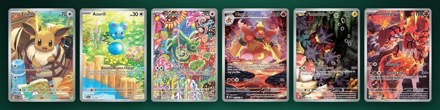 Cartes à illustration rare de Règne Delta : Évoli 114/103, Azurill 115/103, Kecleon 117/103, Maganon 107/103, Wattapik 109/103 et Groudon 111/103