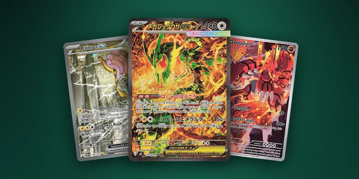 Cartes de l'extension Pokémon Règne Delta ME06 : Méga-Rayquaza-ex, Raikou-ex en illustration spéciale rare et Groudon en illustration rare